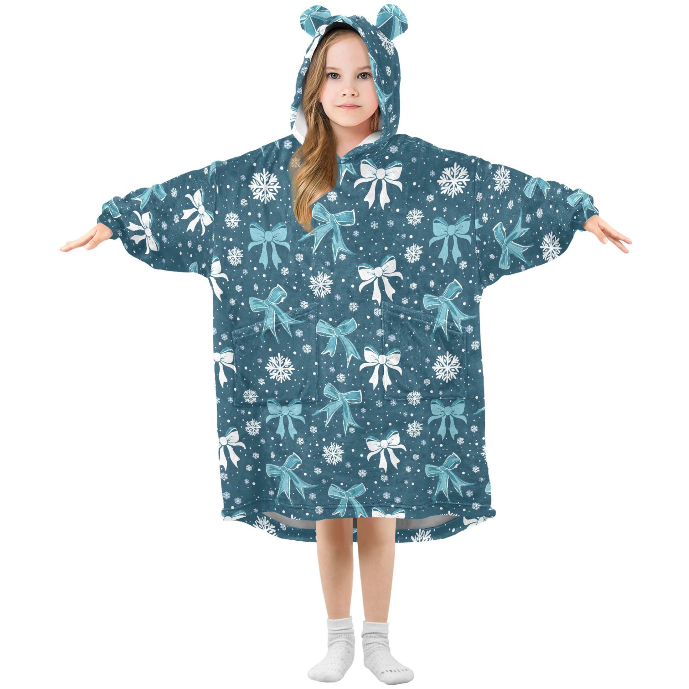 Wearable Blanket Hoodie for Kids White Blue Bow Snowflakes Flannel Hooded Blanket with Pockets and Sleeves Suitable for Boys and Girls