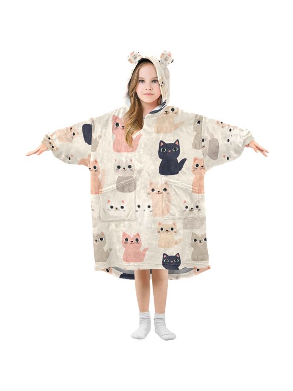 Wearable Blanket Hoodie for Many Cute Cats Flannel Hooded Blanket with Pockets and Sleeves Suitable