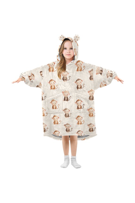 Wearable Blanket Hoodie for Monkey Flannel Hooded Blanket with Pockets and Sleeves Suitable