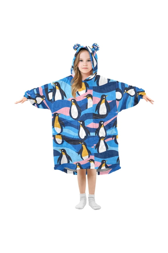Wearable Blanket Hoodie for Playful Penguin Art Flannel Hooded Blanket with Pockets and Sleeves Suitable