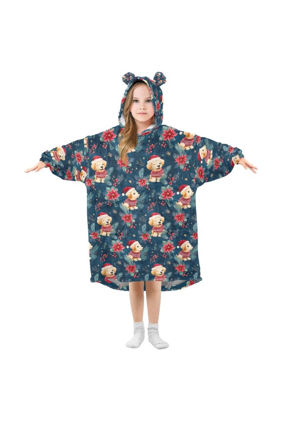 Wearable Blanket Hoodie for Poinsettia Christmas Dog Pattern Flannel Hooded Blanket with Pockets and Sleeves Suitable