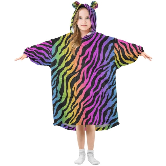 Wearable Blanket Hoodie for Rainbow Zebra Stripes Flannel Hooded Blanket with Pockets and Sleeves Suitable