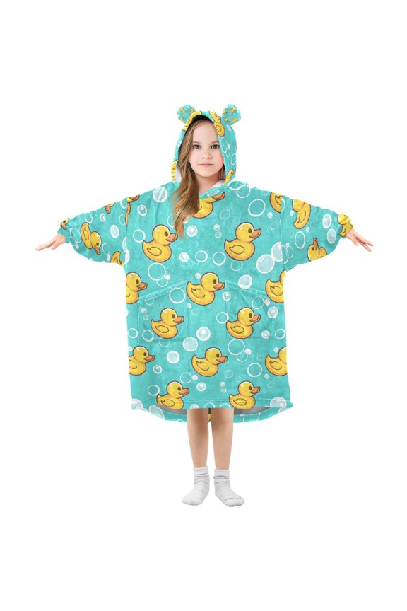 Wearable Blanket Hoodie for Rubber Duck Bubbles Pattern Flannel Hooded Blanket with Pockets and Sleeves Suitable