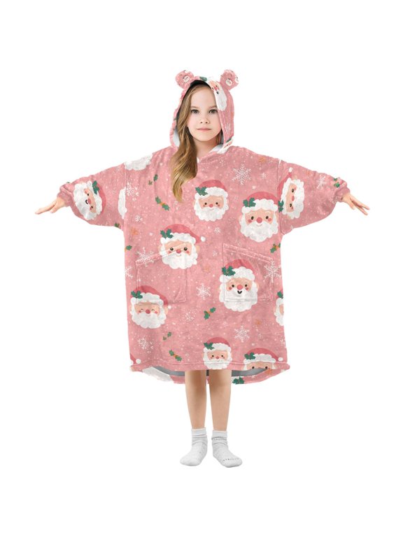 Wearable Blanket Hoodie for Santa Claus Smiling Face Flannel Hooded Blanket with Pockets and Sleeves Suitable