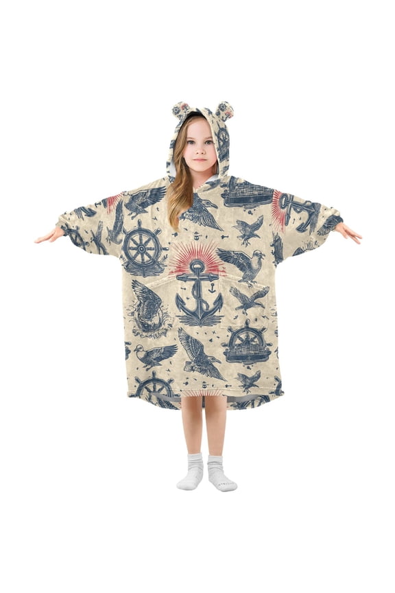 Wearable Blanket Hoodie for Seagull and Anchor Painting Flannel Hooded Blanket with Pockets and Sleeves Suitable
