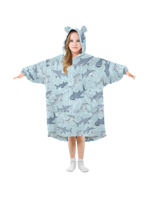 Wearable Blanket Hoodie for Shark Flannel Hooded Blanket with Pockets and Sleeves Suitable