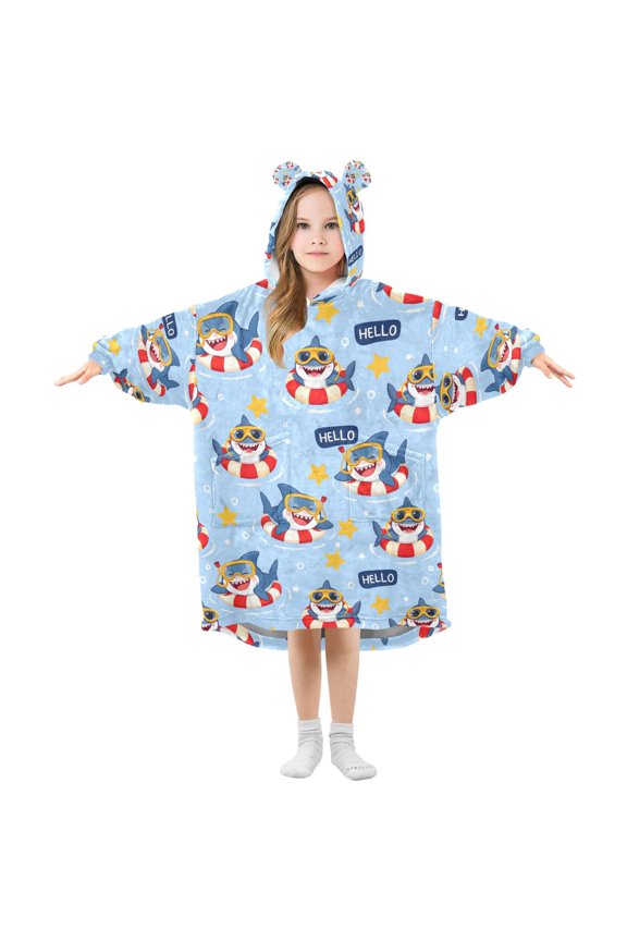 Wearable Blanket Hoodie for Shark Pattern Flannel Hooded Blanket with Pockets and Sleeves Suitable