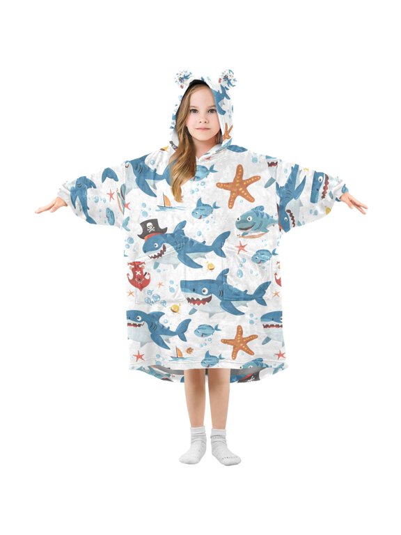 Wearable Blanket Hoodie for Shark and Starfish Flannel Hooded Blanket with Pockets and Sleeves Suitable
