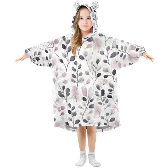 Wearable Blanket Hoodie for Simple Gray Pink Leaves Flannel Hooded Blanket with Pockets and Sleeves Suitable