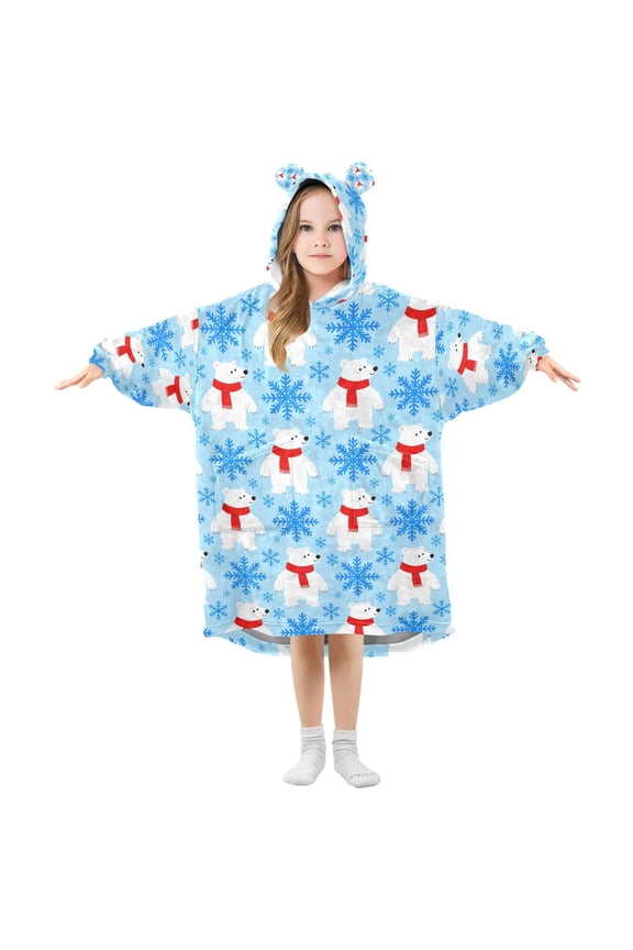 Wearable Blanket Hoodie for White Bear Pattern Flannel Hooded Blanket with Pockets and Sleeves Suitable