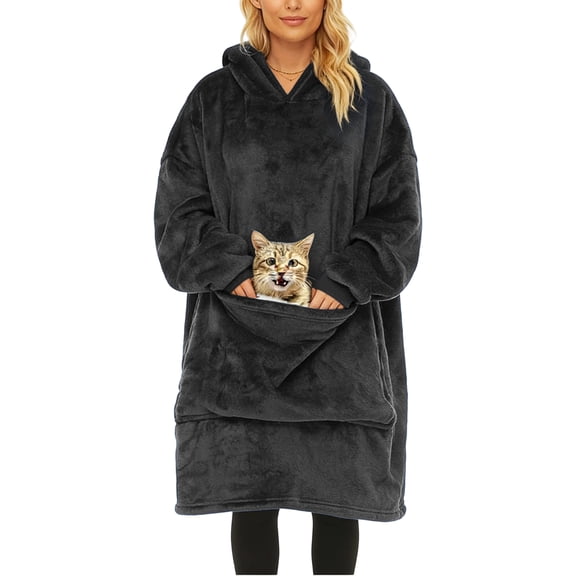 Wearable Blanket Hoodie for Women Sherpa Sweatshirt Oversized Cozy Giant Pocket Comfy Pullover Sleepwear Set 2026 Black