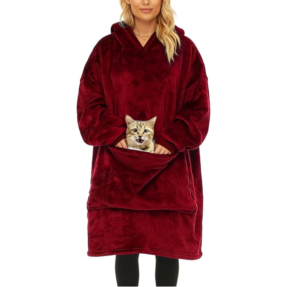Wearable Blanket Hoodie for Women Sherpa Sweatshirt Oversized Cozy Giant Pocket Comfy Pullover Sleepwear Set 2026 Red