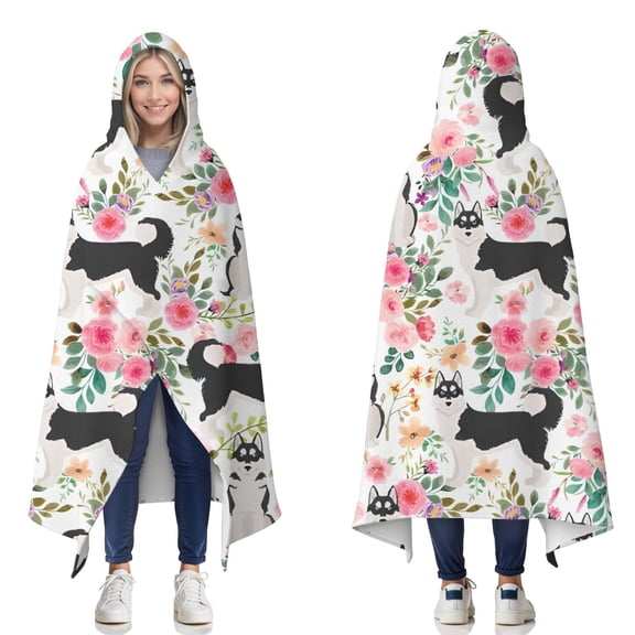 Wearable Blanket,Husky Dog Flower Floral Hooded Wearable Flannel Blanket for Adults & Teens,Winter Poncho Shawl Wrap Cape Cozy Anti-Pill,60"x80"