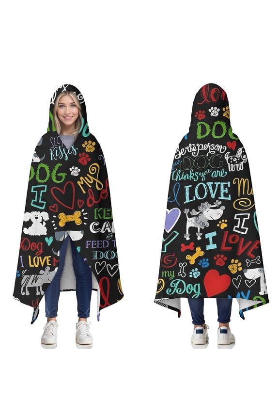 Wearable Blanket,I Love My Dogs Art Hooded Wearable Sherpa Blanket for Adults & Teens,Winter Poncho Shawl Wrap Cape Thick Warm,60"x80"