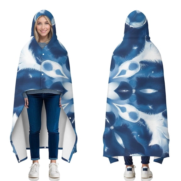 Wearable Blanket,Indigo Tie Dye Floral Mandala Hooded Wearable Flannel Blanket for Adults & Teens with Buckle,Winter Poncho Shawl Wrap Cape,60"x80"