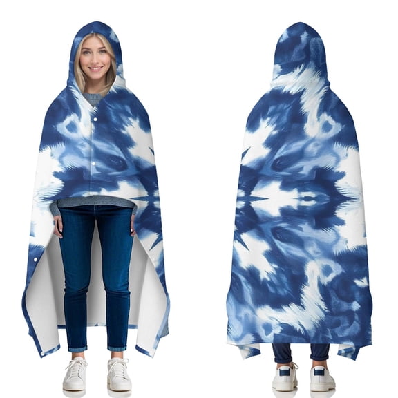 Wearable Blanket,Indigo Tie Dye Snowflake Hooded Wearable Flannel Blanket for Adults & Teens with Buckle,Winter Poncho Shawl Wrap Cape,50"x60"