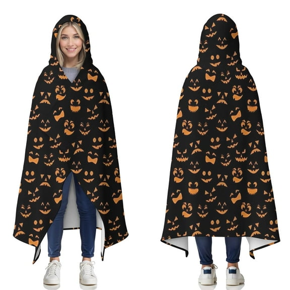 Wearable Blanket,Jack Lantern Faces Halloween Pattern Hooded Wearable Flannel Blanket for Adults & Teens,Winter Poncho Shawl Wrap Cape Cozy Anti-Pill,50"x60"