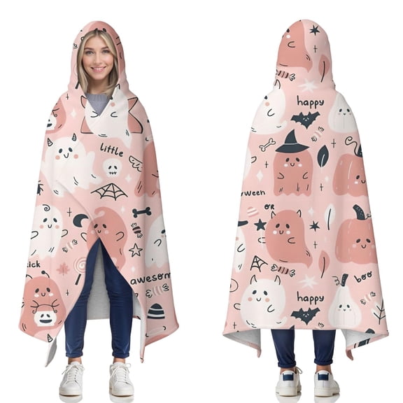 Wearable Blanket,Kawaii Halloween Ghosts Pattern Hooded Wearable Sherpa Blanket for Adults & Teens,Winter Poncho Shawl Wrap Cape Thick Warm,50"x60"