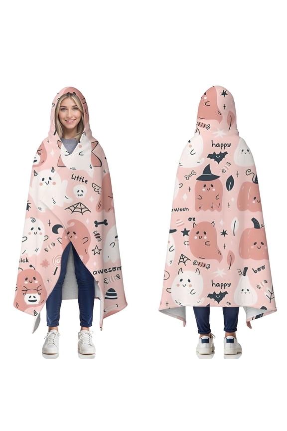 Wearable Blanket,Kawaii Halloween Ghosts Pattern Hooded Wearable Sherpa Blanket for Adults & Teens,Winter Poncho Shawl Wrap Cape Thick Warm,50"x60"