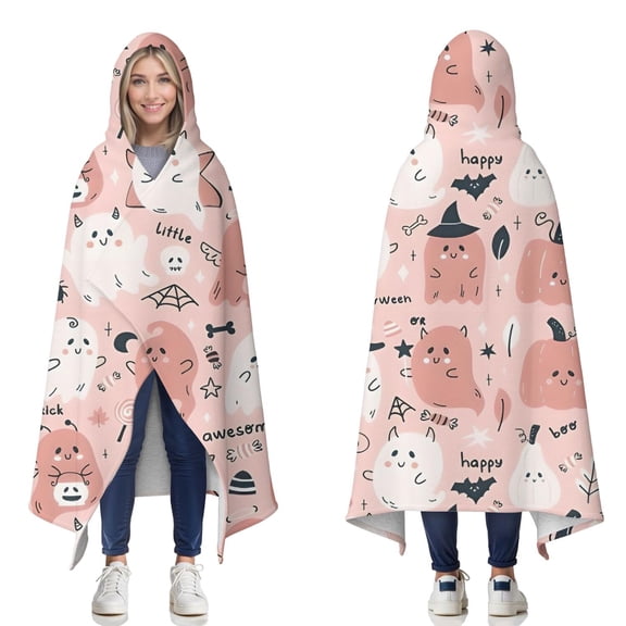 Wearable Blanket,Kawaii Halloween Ghosts Pattern Hooded Wearable Sherpa Blanket for Adults & Teens,Winter Poncho Shawl Wrap Cape Thick Warm,60"x80"