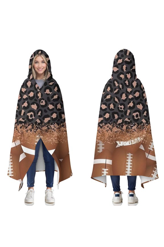 Wearable Blanket,Leopard Print and Footballs Pattern Hooded Wearable Flannel Blanket for Adults & Teens,Winter Poncho Shawl Wrap Cape Cozy Anti-Pill,50"x60"