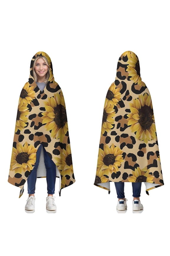 Wearable Blanket,Leopard Sunflower Pattern Hooded Wearable Sherpa Blanket for Adults & Teens,Winter Poncho Shawl Wrap Cape Thick Warm,50"x60"