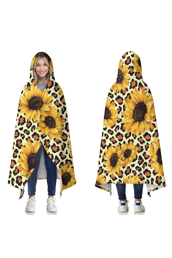 Wearable Blanket,Leopard Sunflower Pattern Hooded Wearable Sherpa Blanket for Adults & Teens,Winter Poncho Shawl Wrap Cape Thick Warm,50"x60"