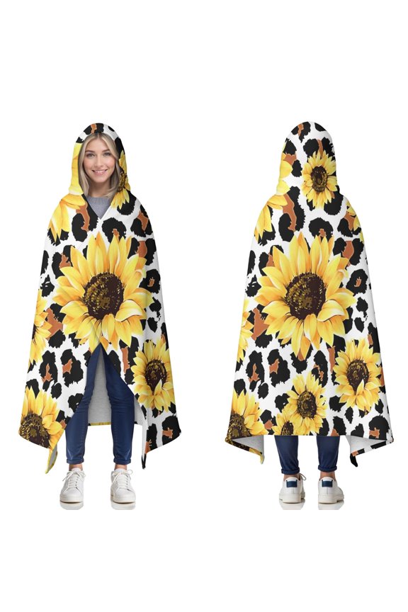 Wearable Blanket,Leopard Sunflower Pattern Hooded Wearable Sherpa Blanket for Adults & Teens,Winter Poncho Shawl Wrap Cape Thick Warm,50"x60"