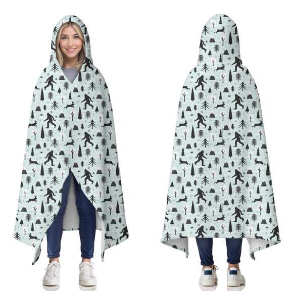 Wearable Blanket,Light Blue Bigfoot and Tree Pattern Hooded Wearable Sherpa Blanket for Adults & Teens,Winter Poncho Shawl Wrap Cape Thick Warm,50"x60"