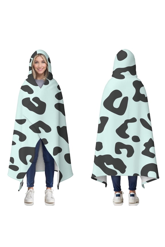 Wearable Blanket,Light Blue and Black Of Leopard Print Hooded Wearable Sherpa Blanket for Adults & Teens,Winter Poncho Shawl Wrap Cape Thick Warm,60"x80"