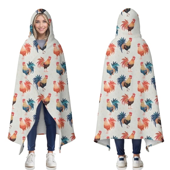 Wearable Blanket,Light Gray Chicken Rooster Pattern Hooded Wearable Sherpa Blanket for Adults & Teens,Winter Poncho Shawl Wrap Cape Thick Warm,50"x60"