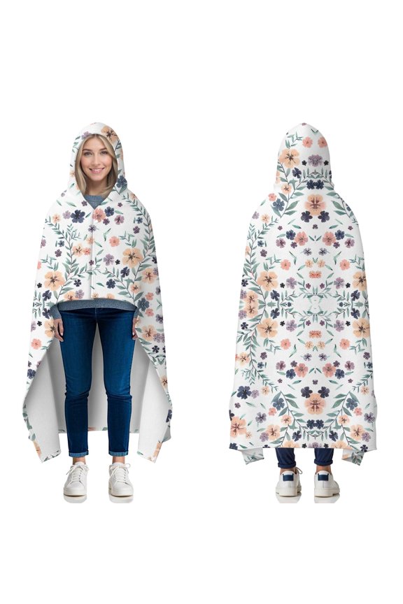 Wearable Blanket,Light Pioneer Flower Pattern Hooded Wearable Flannel Blanket for Adults & Teens with Buckle,Winter Poncho Shawl Wrap Cape,50"x60"