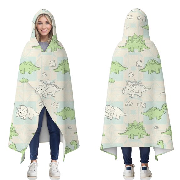 Wearable Blanket,LightBeige Cartoon Dinosaurs Geometric Pattern Hooded Wearable Flannel Blanket for Adults & Teens,Winter Poncho Shawl Wrap Cape Cozy Anti-Pill,60"x80"