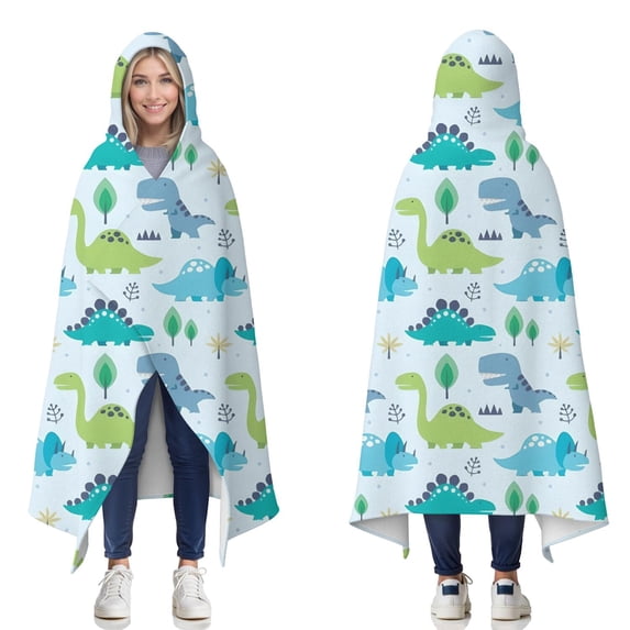 Wearable Blanket,LightBlue Cartoon Dinosaurs Trees Pattern Hooded Wearable Flannel Blanket for Adults & Teens,Winter Poncho Shawl Wrap Cape Cozy Anti-Pill,50"x60"