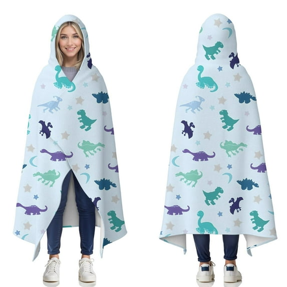 Wearable Blanket,LightBlue Dinosaurs Stars Moons Pattern Hooded Wearable Flannel Blanket for Adults & Teens,Winter Poncho Shawl Wrap Cape Cozy Anti-Pill,60"x80"