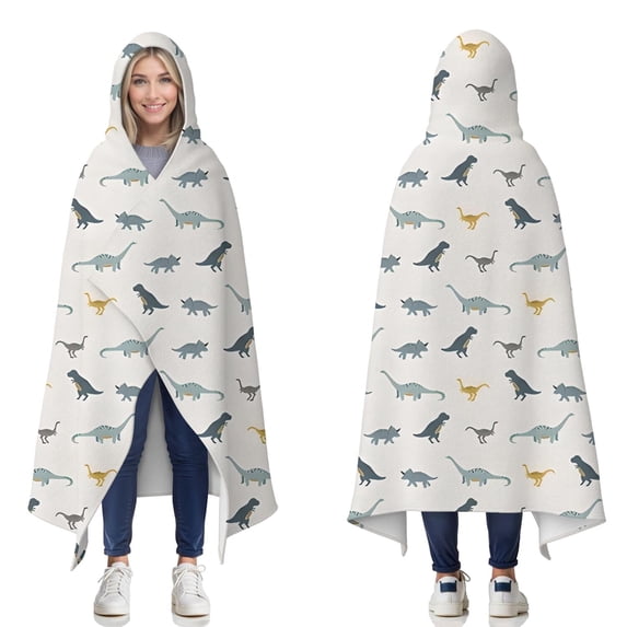 Wearable Blanket,LightGray Cartoon Dinosaurs Pattern Hooded Wearable Flannel Blanket for Adults & Teens,Winter Poncho Shawl Wrap Cape Cozy Anti-Pill,60"x80"