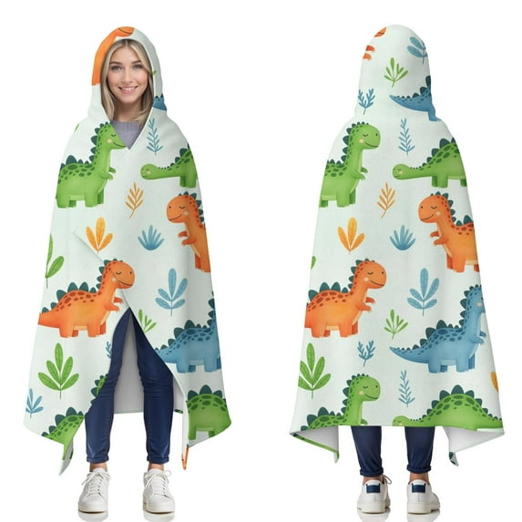 Wearable Blanket,LightGreen Cartoon Dinosaurs Leaves Pattern Hooded Wearable Flannel Blanket for Adults & Teens,Winter Poncho Shawl Wrap Cape Cozy Anti-Pill,50"x60"