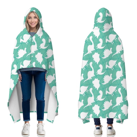 Wearable Blanket,LightGreen Cartoon Dinosaurs Silhouettes Pattern Hooded Wearable Flannel Blanket for Adults & Teens with Buckle,Winter Poncho Shawl Wrap Cape,50"x60"