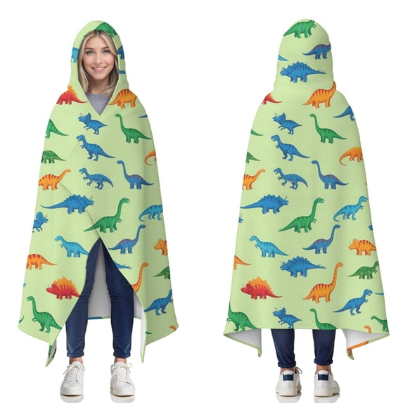 Wearable Blanket,LightGreen Multicolor Dinosaurs Hooded Wearable Flannel Blanket for Adults & Teens,Winter Poncho Shawl Wrap Cape Cozy Anti-Pill,50"x60"