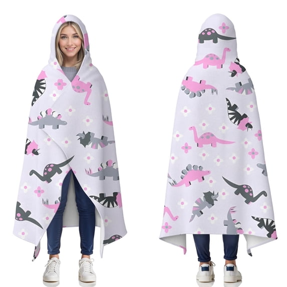 Wearable Blanket,LightPurple Dinosaurs Flowers Pattern Hooded Wearable Flannel Blanket for Adults & Teens,Winter Poncho Shawl Wrap Cape Cozy Anti-Pill,50"x60"