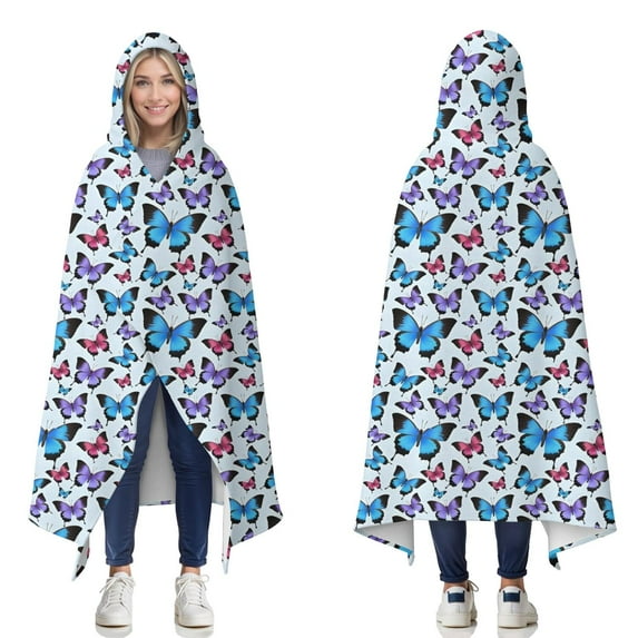 Wearable Blanket,Lightblue Butterfly Pattern Hooded Wearable Flannel Blanket for Adults & Teens,Winter Poncho Shawl Wrap Cape Cozy Anti-Pill,50"x60"