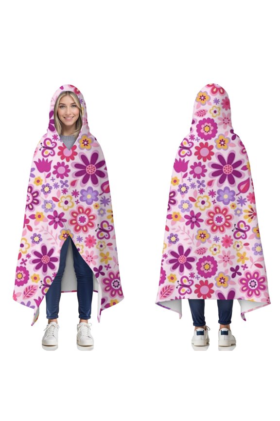 Wearable Blanket,Lightpink Daisy Flower Purple Blooms Pattern Hooded Wearable Flannel Blanket for Adults & Teens,Winter Poncho Shawl Wrap Cape Cozy Anti-Pill,50"x60"