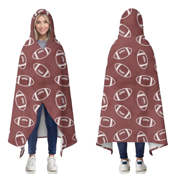 Wearable Blanket,Maroon Footballs Pattern Hooded Wearable Sherpa Blanket for Adults & Teens,Winter Poncho Shawl Wrap Cape Thick Warm,50"x60"