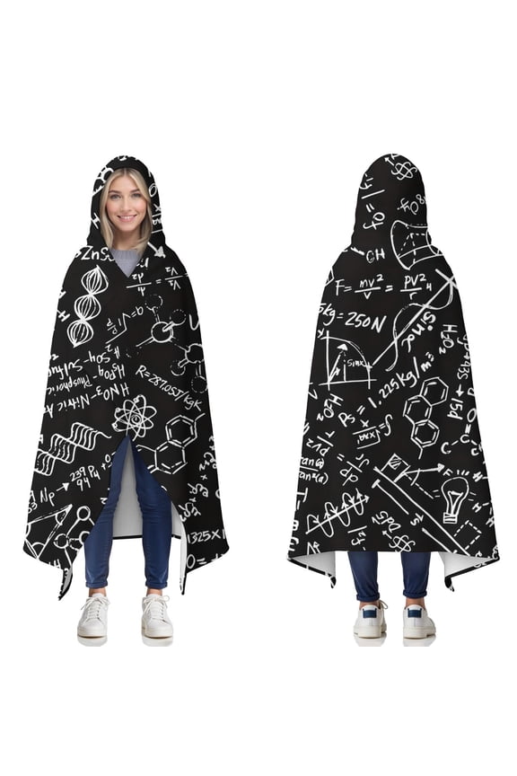 Wearable Blanket,Math Equations Chemistry Symbols Black Pattern Hooded Wearable Flannel Blanket for Adults & Teens,Winter Poncho Shawl Wrap Cape Cozy Anti-Pill,50"x60"