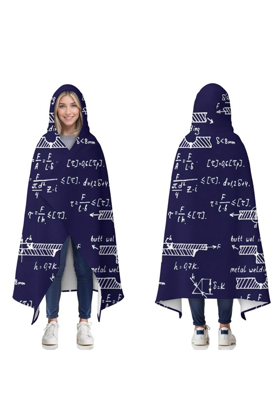 Wearable Blanket,Math Equations Engineering Diagrams Navy Pattern Hooded Wearable Flannel Blanket for Adults & Teens,Winter Poncho Shawl Wrap Cape Cozy Anti-Pill,50"x60"