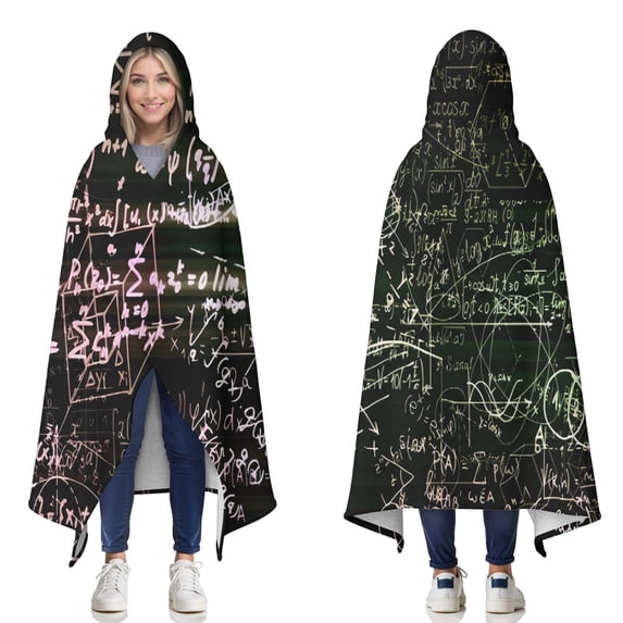 Wearable Blanket,Math Equations Glowing Formulas Black Pattern Hooded Wearable Sherpa Blanket for Adults & Teens,Winter Poncho Shawl Wrap Cape Thick Warm,50"x60"