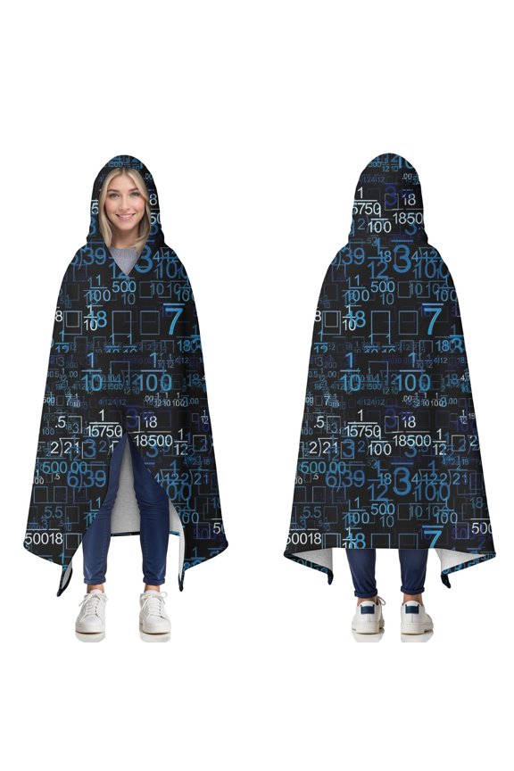 Wearable Blanket,Math Equations Number Patterns Blue Pattern Hooded Wearable Sherpa Blanket for Adults & Teens,Winter Poncho Shawl Wrap Cape Thick Warm,50"x60"