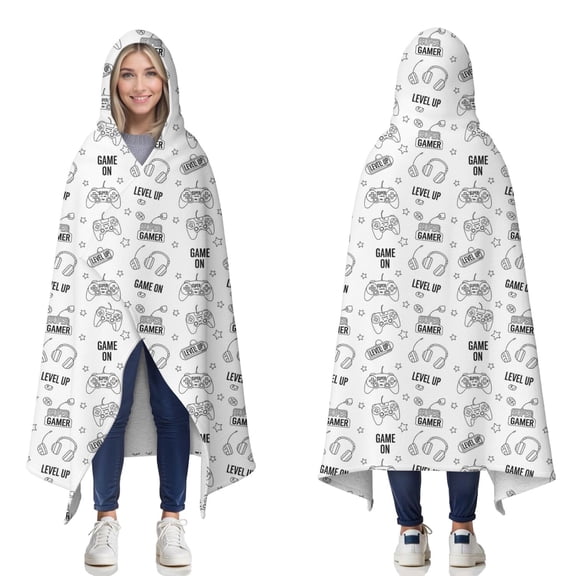 Wearable Blanket,Monochrome Controllers Games Icons White Pattern Hooded Wearable Sherpa Blanket for Adults & Teens,Winter Poncho Shawl Wrap Cape Thick Warm,50"x60"