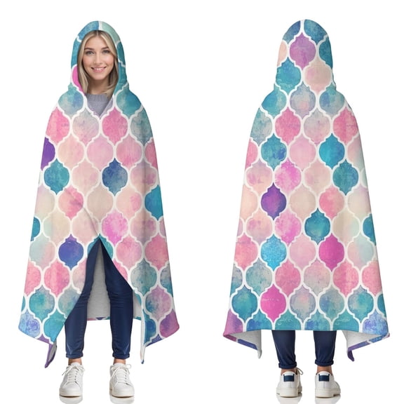 Wearable Blanket,Multi Color Moroccan Checkered Pattern Hooded Wearable Sherpa Blanket for Adults & Teens,Winter Poncho Shawl Wrap Cape Thick Warm,50"x60"