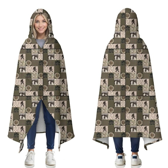 Wearable Blanket,Multicolor Bigfoot and Checkerboard Pattern Hooded Wearable Sherpa Blanket for Adults & Teens,Winter Poncho Shawl Wrap Cape Thick Warm,50"x60"